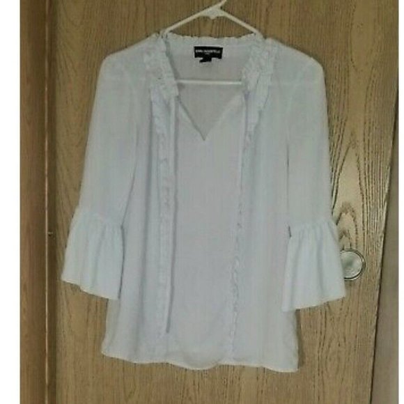 Karl Lagerfeld Tops - Karl Lagerfeld White 3/4 Bell Sleeve Ruffle Tie Neck Blouse Top Women's Sz XS